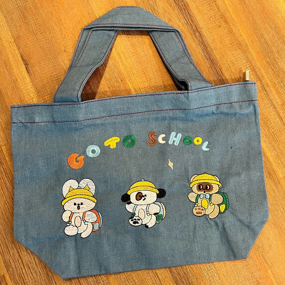 Cute lunch bag mini bag jeans bag embroidered letters Go to School